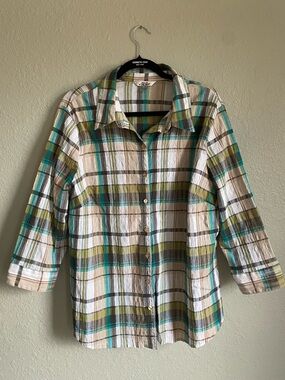 Alba Plaid Button-Up Shirt in White, Teal & Olive